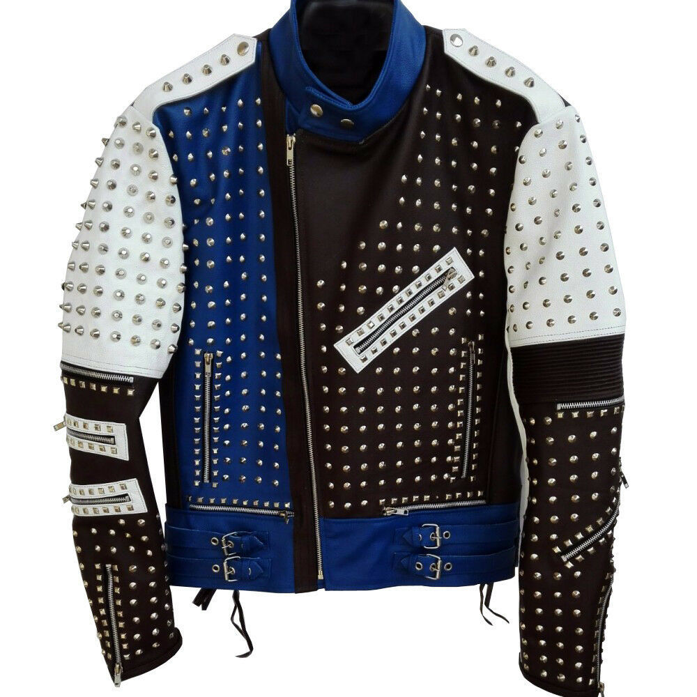 Men Multi Color Blue Black White Cont Genuine Leather Silver Spike Studs Jacket