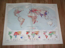 1958 Vintage Map Of World Mankind Population Density / Races Languages Religion - $31.49