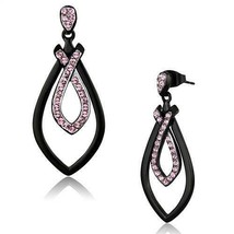 Black Plated Stainless Steel Pink Crystal Awareness Ribbon Dangle Earrings TK316 - £13.66 GBP