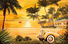 An item in the Art category: Framed canvas art print giclee Miami beach Art deco tropical gold sunset classic