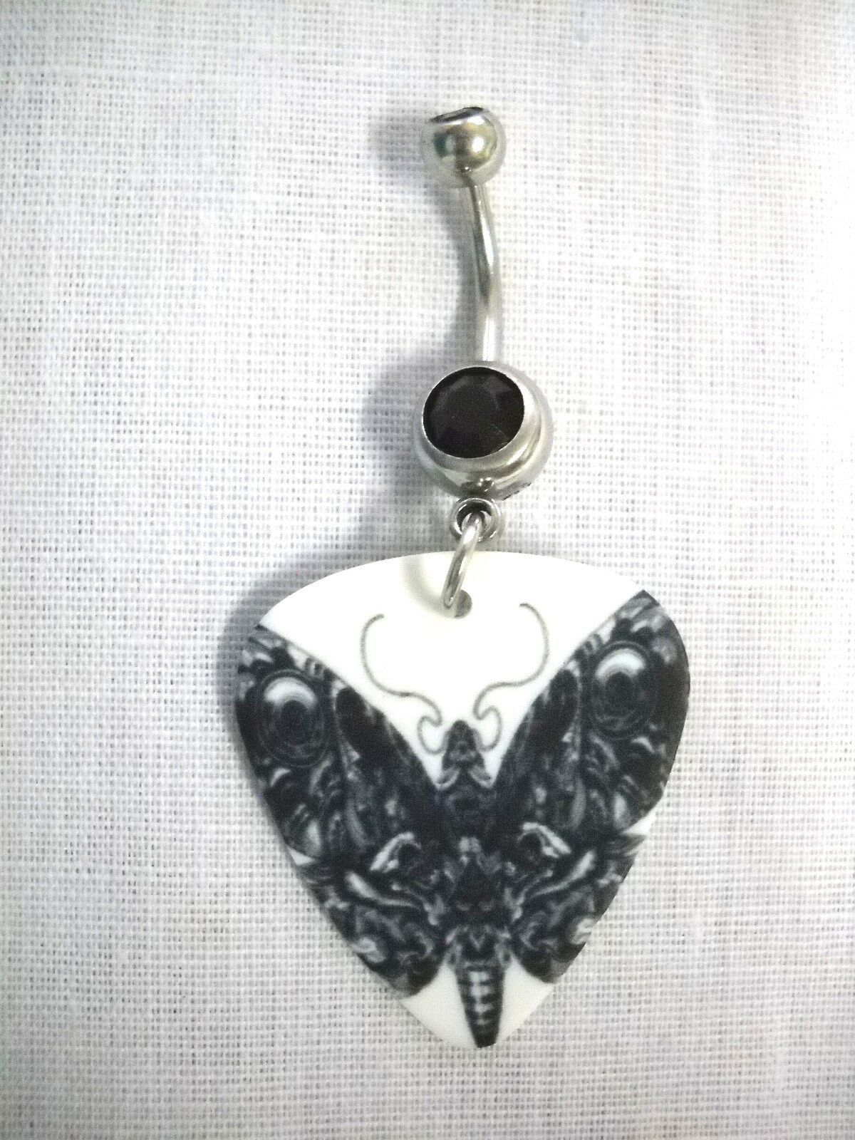 Primary image for BLACK ON WHITE FLYING ART DECO MOTH PRINTED GUITAR PICK 14g BELLY RING BARBELL