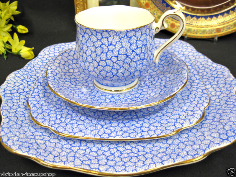 ROYAL ALBERT  Bluey flowered 4 pcs VICTORIAN'S TEA CUP AND SAUCER DUO - $167.63