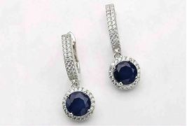 3.60Ct Round Cut Blue Sapphire Drop &amp; Dangle Earrings 14K White Gold Finish - £93.24 GBP