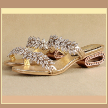  Venusian Gold Leaf Diamond Rhinestone Sheepskin Leather Sandal Bridal Slippers  image 1
