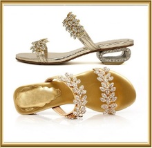  Venusian Gold Leaf Diamond Rhinestone Sheepskin Leather Sandal Bridal Slippers  image 2
