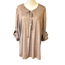 INTRO Tunic Top Blouse Size XL Stretch Beige Camel Lace Up BOHO Roll-Tab... - $12.49