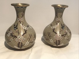Vintage Cloisonné 8&quot; Enamel Vase Pair, Lot Of 2 Cherry Blossom, Beige, Brass - £53.05 GBP