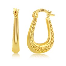 Yellow Gold Diamond-Cut Oval Hoop Earrings - 14K Gold - £229.76 GBP