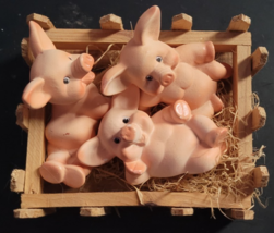 4 Piece Set Ceramic Pigs Wood Pig Pen Straw Cute Sassy Tabletop Fat Happy - $19.99