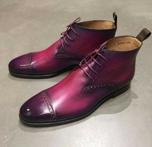 Men Purple Color Cap Toe Leather Ankle Boots. Men Dress Fashion Leather Boot - £119.87 GBP