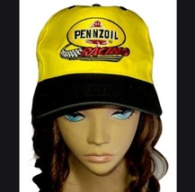 Pennzoil Racing Embroidered Hat Yellow Leather Buckle Strap Trucker Cap  - £7.73 GBP