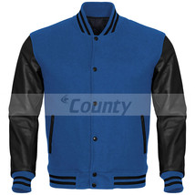 Varsity Letterman Bomber Baseball Super Jacket Blue Body &amp; Black Leather Sleeves - £77.93 GBP