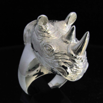 Huge and Heavy Sterling silver men&#39;s ring African Rhinoceros Wild Animal high po - £145.48 GBP