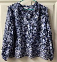 Time &amp; Tru  Boho Blouse  Womens Size L Blue Bell Sleeve Floral Top - £10.20 GBP