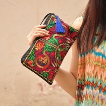 Veowalk Chinese Dragon Embroidered Women Soft Canvas Clutch Bag, Handmade Retro  - £19.50 GBP