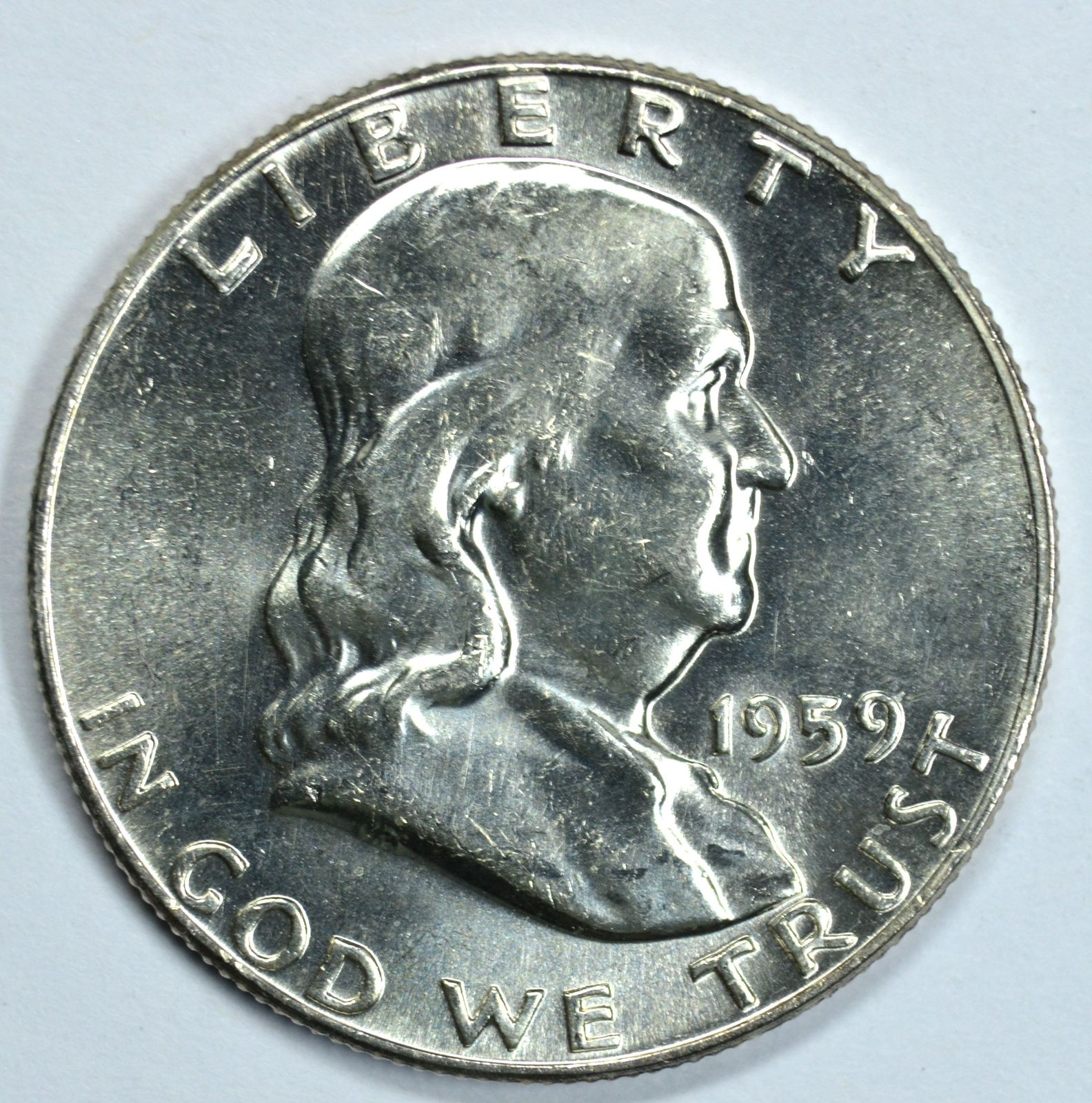 1959 P Franklin uncirculated silver half dollar BU Type 2 Reverse - $32.00