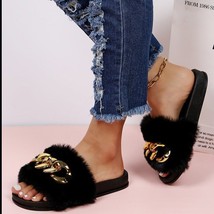 Winter Fluffy Women Slippers Gold Chain  Slippers Shoes Women  Flip Flop Flat ry - £27.69 GBP