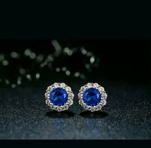 18K White Gold Plated 4Ct Round Simulated Blue Sapphire Halo Stud Earrings - £45.07 GBP