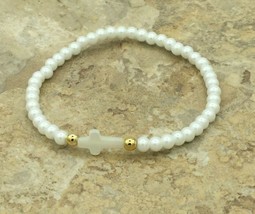 Simulated white Pearl Sideways Religious Christian Cross Stretch Bracele... - £11.06 GBP