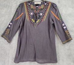 Urban Mangoz Shirt Womens Small Gray Embroidered Beaded Boho Hippie Gyps... - £19.82 GBP