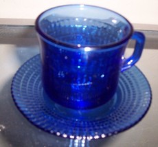 Fortecrisa Cobalt Blue Cup &amp; Saucer Glass Set Checkered Pattern Mexico - $24.99