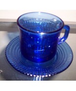 Fortecrisa Cobalt Blue Cup &amp; Saucer Glass Set Checkered Pattern Mexico - $24.99