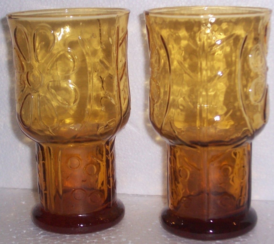 (2) Vintage Libbey Amber Color Large Pressed Glass Designed Tumblers - $40.10