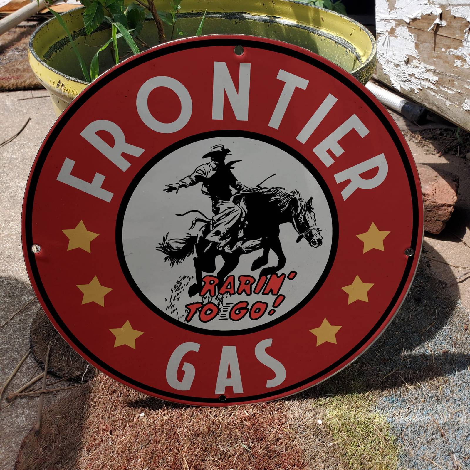 Primary image for Vintage Frontier ''Rarin To Go'' Gas Synthetic Motor Oil Porcelain Gas-Oil Sign