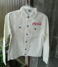 Coca-Cola White Denim Jacket Small Screen Printed Red Square Retro Coke Label - £11.47 GBP