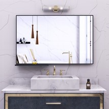 40x30 Inch Modern Black Bathroom Mirror With Storage Rack Aluminum Frame - $170.54