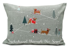 Dachshund Through The Snow Embroidered Christmas Cushion - Grey/Multicolour - $35.61