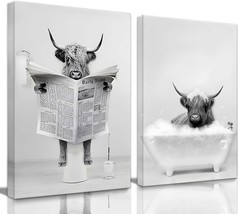 2 Pieces Framed Funny Highland Cow Wall Art Cow in Bathtub Pictures for Bathroom - £44.49 GBP