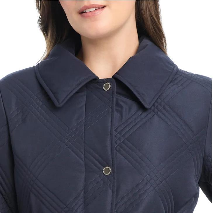 Jones New York Womens Jacket Navy Blue Quilt Hood Tie Belt Pockets Heavyweight Item image 7
