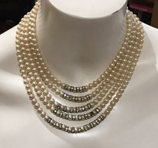 vintage five strand Faux pearl and rhinstone necklace 16” - £55.03 GBP