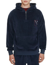 Eleven Paris Men&#39;s Cotton Quarter-Zip Velour Hoodie in Dress Navy-Size Medium - £30.91 GBP