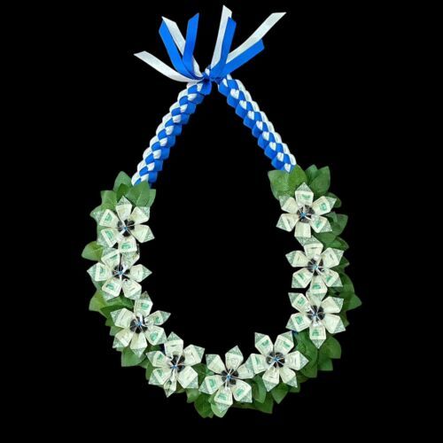 Primary image for Graduation Money Lei 9 Flower w/leaves New Bills Blue  & White Braided Ribbons