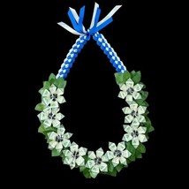 Graduation Money Lei 9 Flower w/leaves New Bills Blue  &amp; White Braided Ribbons - £89.32 GBP