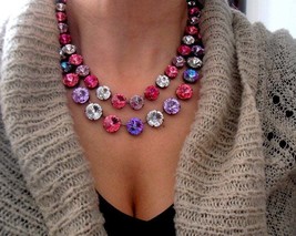 Rose Pink Multi-color Crystals Statement Rivoli Necklace | Double Strand Collet - £191.40 GBP