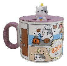 Whimsical Kitty Cat With Kung Fu Diary Cartoon Ceramic Mug With Silicone Lid - £14.06 GBP