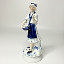 Vintage Girl Woman Figurine Ceramic Porcelain Rose Basket Blue White 8.5 in - £14.05 GBP