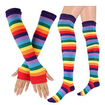 US Women Stripes Knee High Leg Stocking And Fingerless Gloves Set Rainbow/Black - £8.03 GBP