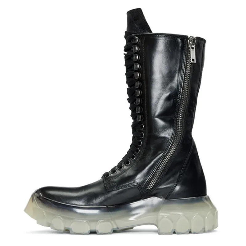 Men Black  Boots Soft Leather Army Boots Transparent Sole boy Boots 14#20/10f50 - £281.19 GBP