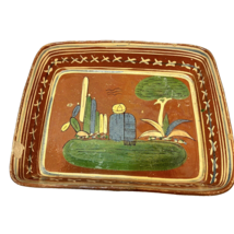 VTG Signed Handmade 50&#39;s Mexican Redware Hand Painted Terra Cotta Dish 12 x 10&quot; - £19.44 GBP