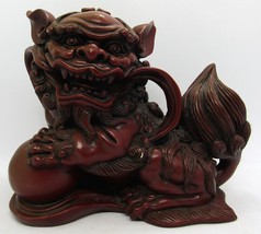 Vintage Large Brown-Crimson Heavy Resin Foo Dog Palace Lion with Ball  - £78.16 GBP