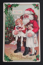 Christmas Greetings Santa w/ Children Holly Tree Embossed Stecher Postca... - £7.07 GBP