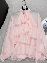 Sweet Elegance Loose Slimming Oversized Bluse Women Blusas Ruffled Pink Chiffon  - £112.46 GBP