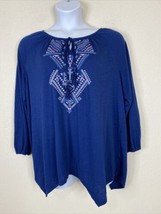 Faded Glory Womens Plus Size 2X Blue Embroidered Knit Blouse Tasseled - $10.55