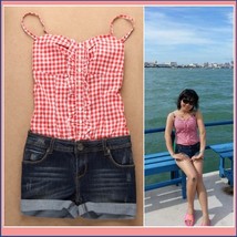 Summer Sleeveless Checkered Top and Denim Jeans Shorts Jumpsuit in Red or Blue