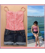 Summer Sleeveless Checkered Top and Denim Jeans Shorts Jumpsuit in Red o... - £35.64 GBP