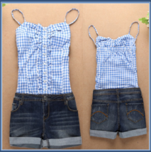 Summer Sleeveless Checkered Top and Denim Jeans Shorts Jumpsuit in Red or Blue image 2